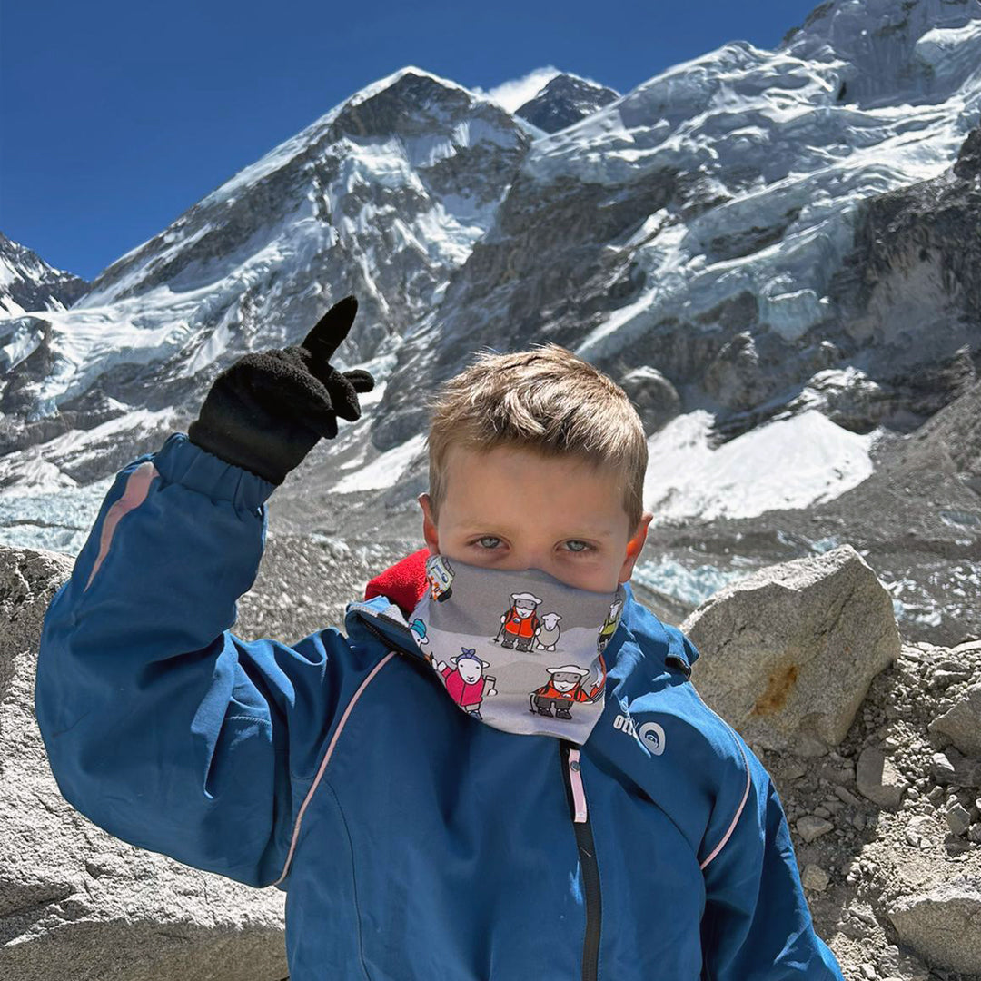 Frankie McMillan wearing a Herdy Mountain Rescue buff at Everest Base Camp