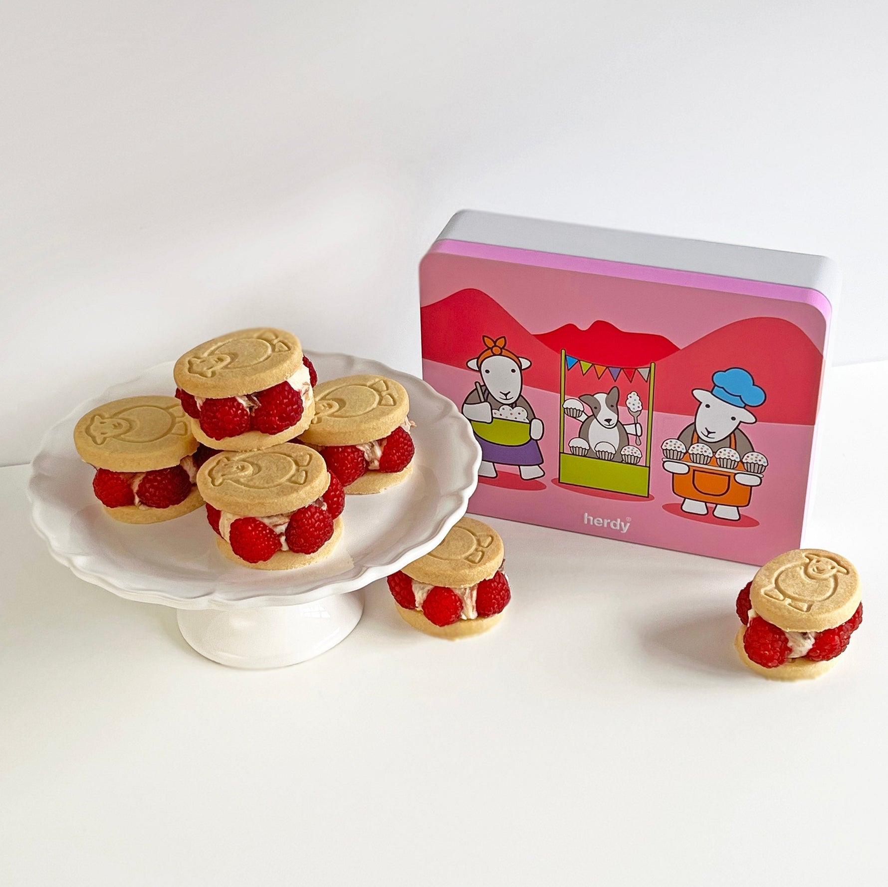 Chocolate ripple cheesecake mixture sandwiched between two Herdy Shortbreads surrounded by fresh raspberries