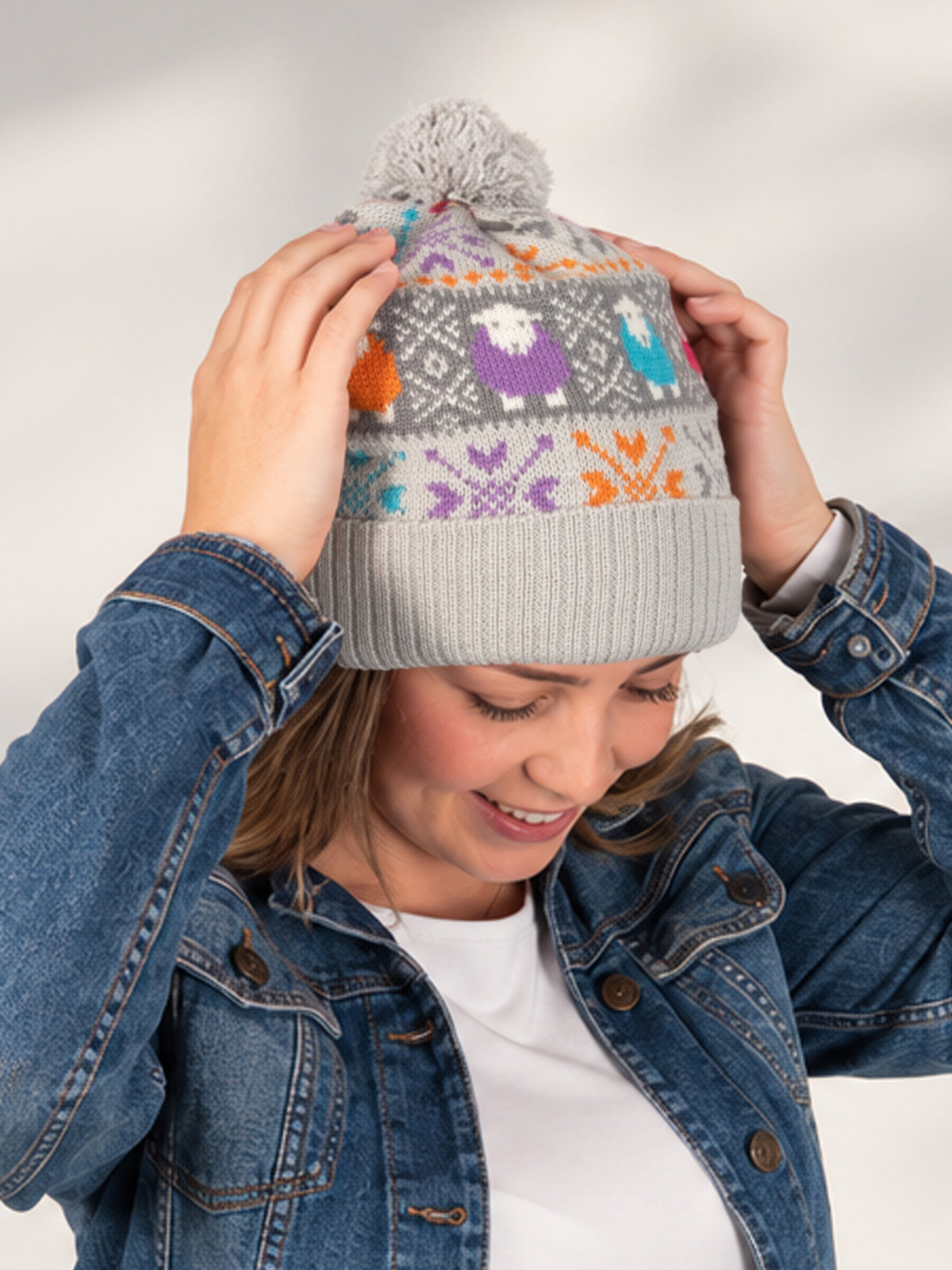 Fair Isle Bobble Hat - Light Grey